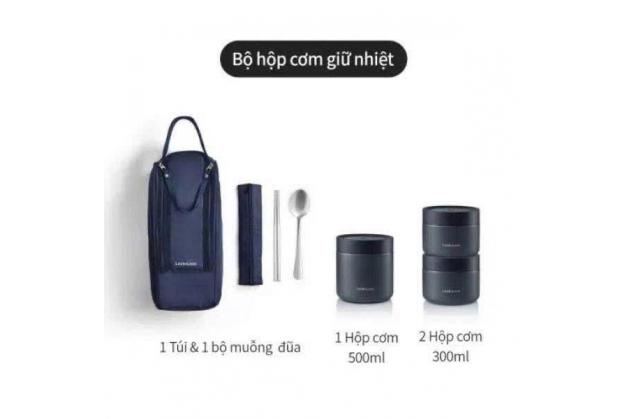 Bộ Hộp Cơm Giữ Nhiệt Locknlock Pump Vacuum Lunch Box (300Mlx2, 500Mlx1, Bộ Đũa Và Thìa, Túi) - Màu Xanh Navy - LHC8052S01