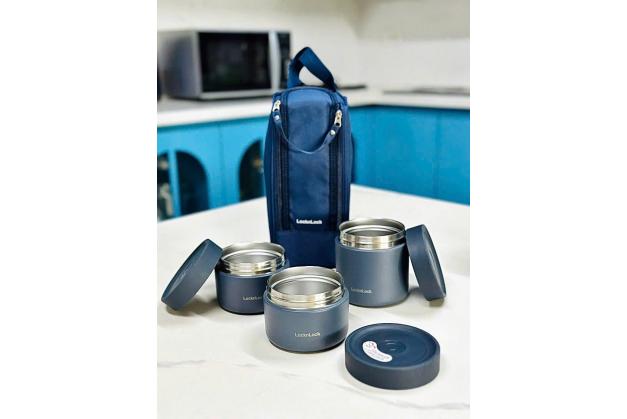 Bộ Hộp Cơm Giữ Nhiệt Locknlock Pump Vacuum Lunch Box (300Mlx2, 500Mlx1, Bộ Đũa Và Thìa, Túi) - Màu Xanh Navy - LHC8052S01
