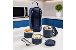 Bộ Hộp Cơm Giữ Nhiệt Locknlock Pump Vacuum Lunch Box (300Mlx2, 500Mlx1, Bộ Đũa Và Thìa, Túi) - Màu Xanh Navy - LHC8052S01