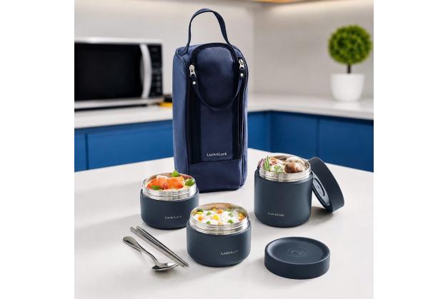 Bộ Hộp Cơm Giữ Nhiệt Locknlock Pump Vacuum Lunch Box (300Mlx2, 500Mlx1, Bộ Đũa Và Thìa, Túi) - Màu Xanh Navy - LHC8052S01