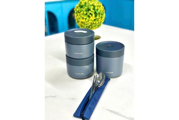 Bộ Hộp Cơm Giữ Nhiệt Locknlock Pump Vacuum Lunch Box (300Mlx2, 500Mlx1, Bộ Đũa Và Thìa, Túi) - Màu Xanh Navy - LHC8052S01