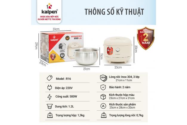 Nồi cơm điện lòng nồi Inox 304 liền khối Kalpen R16 dung tích 1.2L