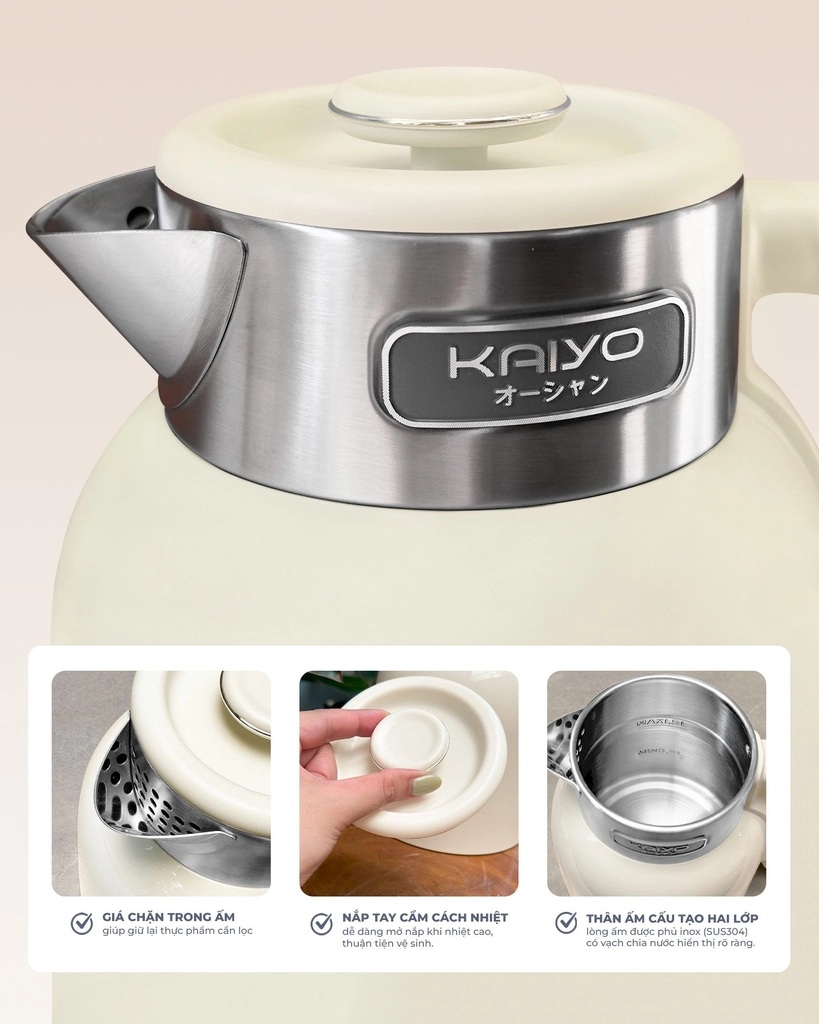 Ấm siêu tốc 2 lớp Cool touch Kaiyo 1.5L công nghệ Nhật bản