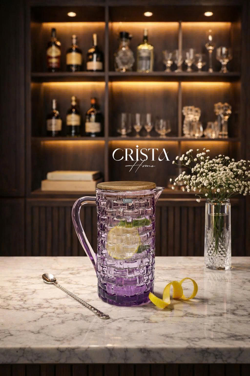 Bình thủy tinh vân Caro nắp gỗ Crista Home dung tích 1L