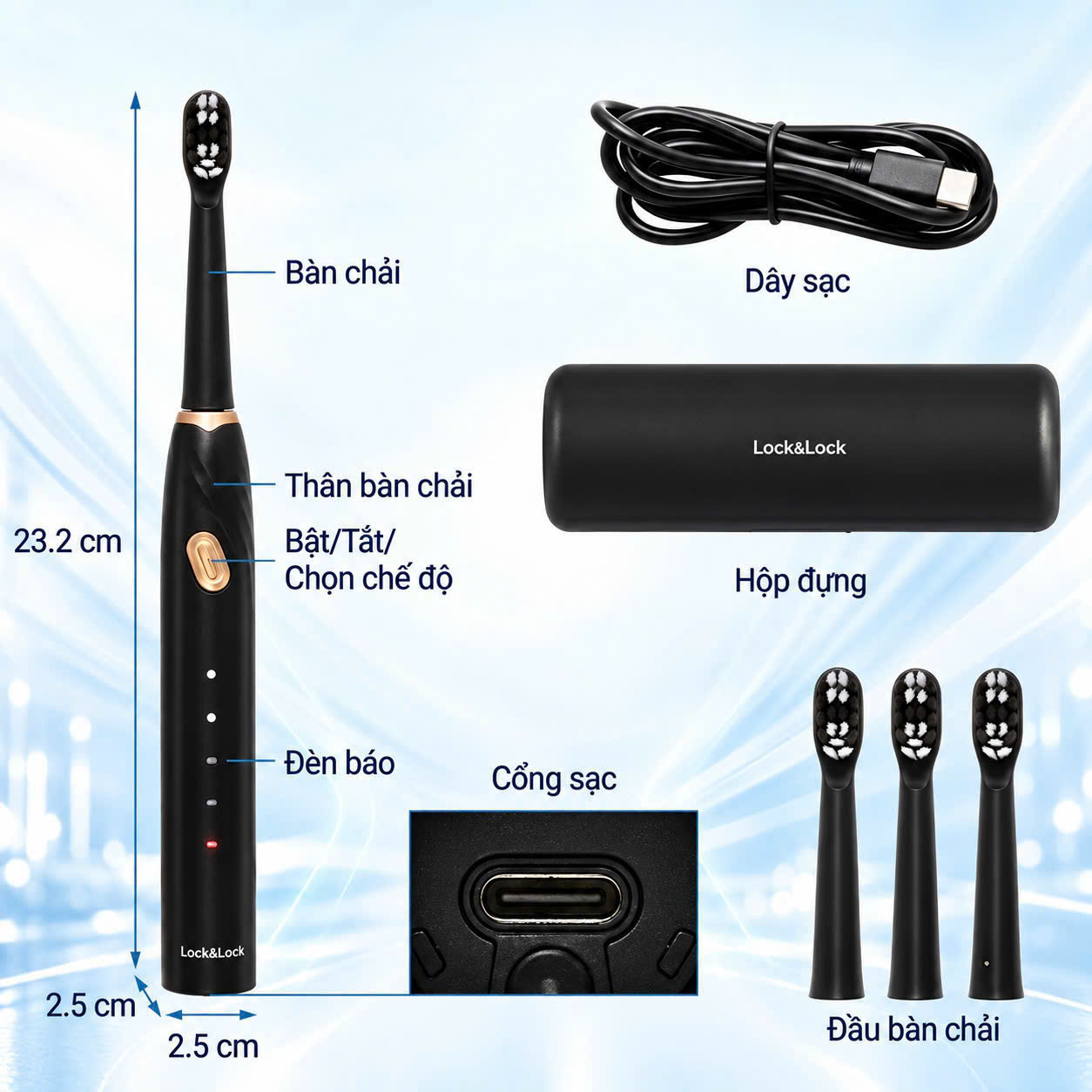 Bàn chải điện Lock&Lock ENR321 gồm 4 đầu chải tiện dụng