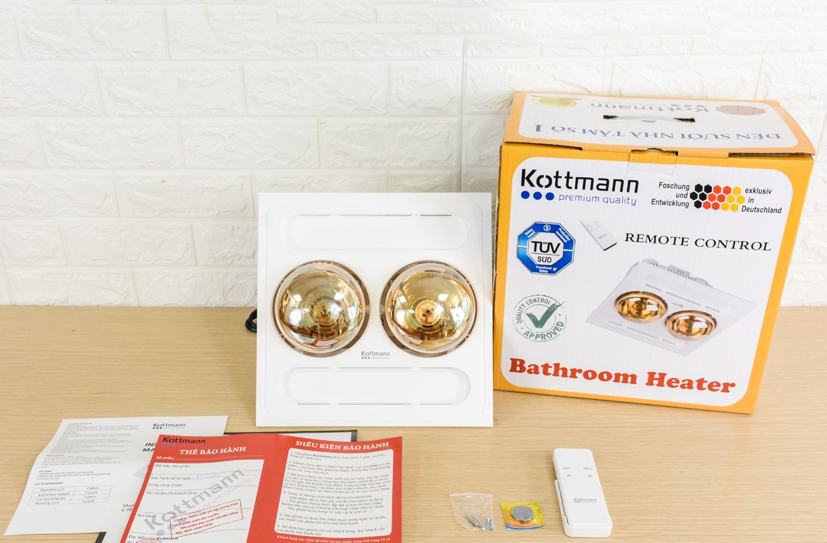 Trọn bộ sản phẩm đèn sưởi 2 bóng âm trần Kottmann K9R có điều khiển