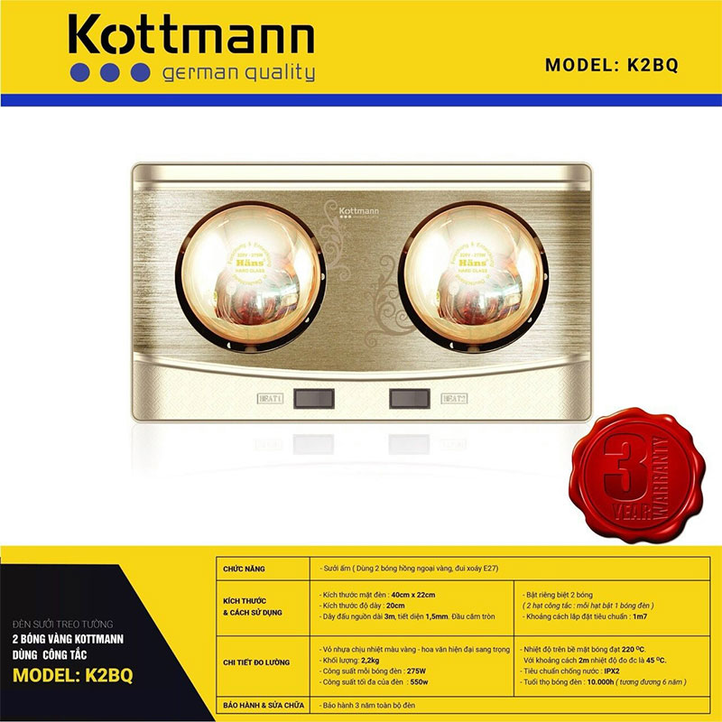 Thông số của Đèn sưởi nhà tắm Kottmann K2B-Q 2 bóng