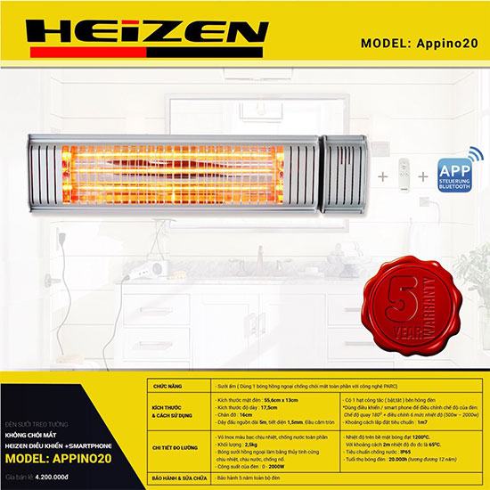 Đèn sưởi nhà tắm Heizen APPINO 20 đèn sưởi cao cấp chất lượng cao