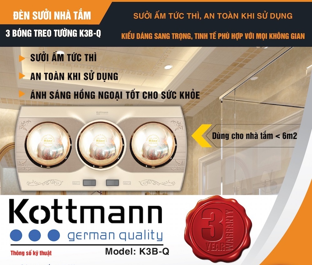 Đèn sưởi nhà tắm 3 bóng Kottmann K3B-Q treo tường